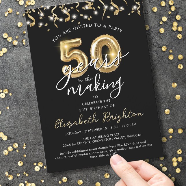 Modern 50th Birthday Script Balloon Streamers Invitation (Creator Uploaded)