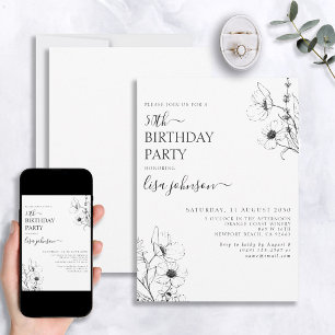 Modern 50th Birthday Script Black White Floral Invitation