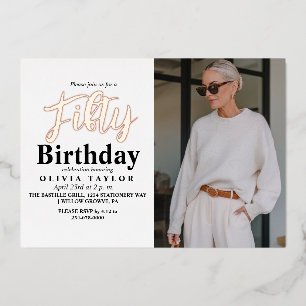 Modern 50th Birthday White Black Photo Fifty