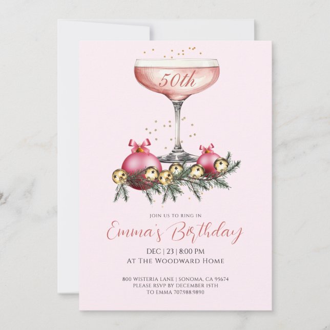 Modern 50th Christmas Birthday Party Blush Pink Invitation (Front)
