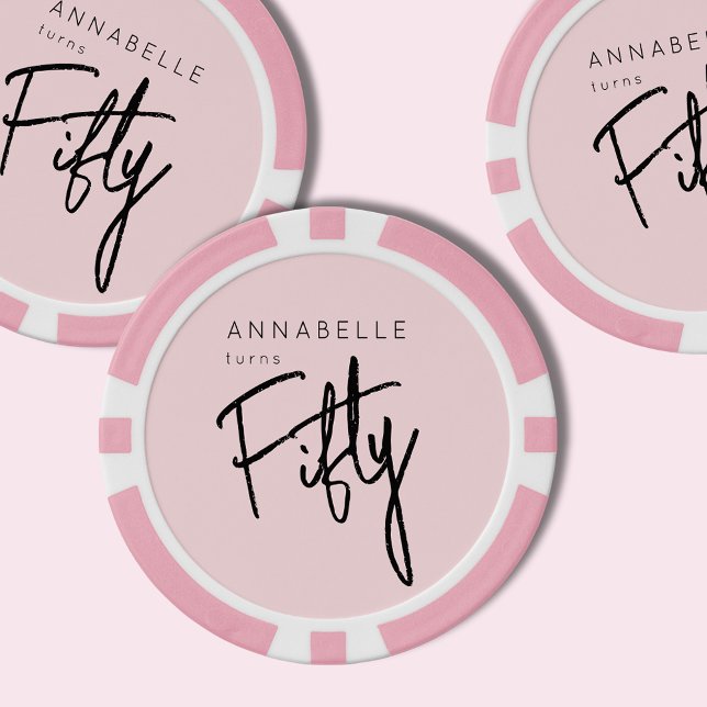 Modern 50th Fifty Fiftieth birthday Poker Chips (Blush pink custom poker chips for ladies 50th birthday party celebrations.)