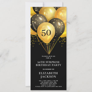 Modern 50TH Surprise Birthday Gold Black Balloons  Invitation