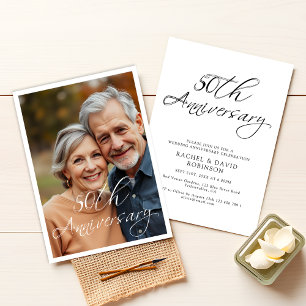 Modern 50th Wedding Anniversary Black Script Photo Invitation