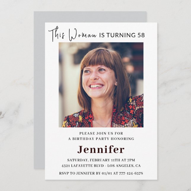 Modern 58th birthday invitations for her Photo (Front/Back)