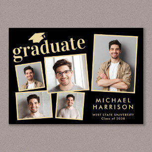Modern 5 Photo Black Gold Graduation Announcement