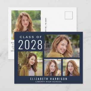 Modern 5 Photo Blue Graduation Announcement Postcard