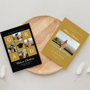 Modern 5 Photo Collage Black & Mustard Graduation Invitation