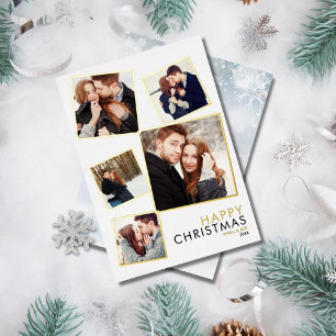 Modern 5 Photo Collage Christmas Gold Foil Holiday Card
