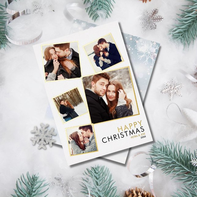 Modern 5 Photo Collage Christmas Gold Foil Holiday Card (Creator Uploaded)