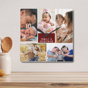 Modern 5 Photo Collage Family Is Everything Quote Square Wall Clock