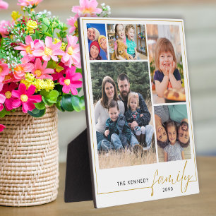 Modern 5 Photo Collage Gold Family Name  Plaque