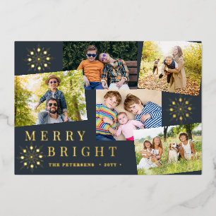 Modern 5 photo collage gold snowflakes Christmas Foil Holiday Card
