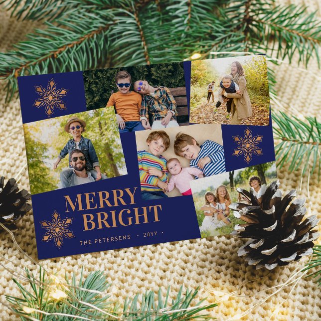 Modern 5 photo collage gold snowflakes Christmas Holiday Card (Creator Uploaded)