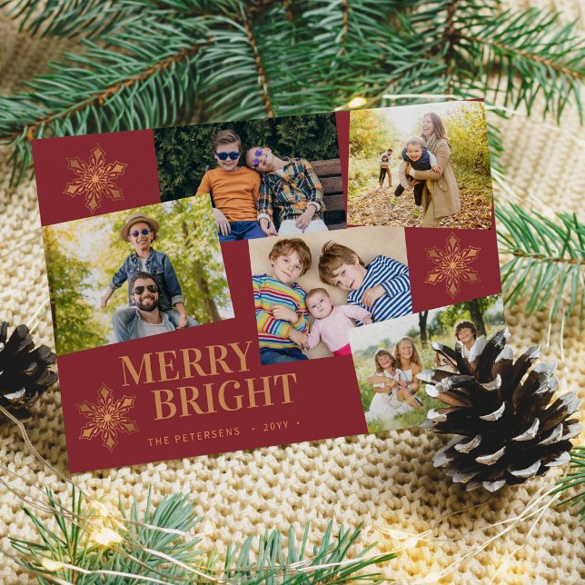 Modern 5 photo collage gold snowflakes Christmas Holiday Card (Creator Uploaded)
