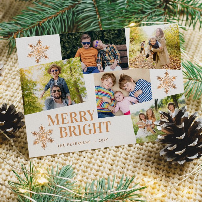 Modern 5 photo collage gold snowflakes Christmas Holiday Card (Creator Uploaded)