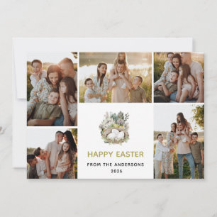 Modern 5 Photo Collage Happy Easter Nest Family Holiday Card