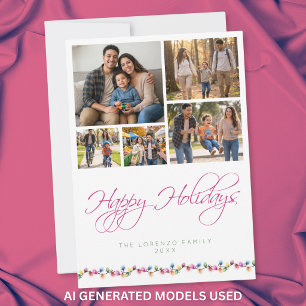 Modern 5 Photo Collage Happy Holidays Lights Holiday Card