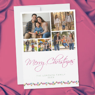 Modern 5 Photo Collage Merry Christmas Lights Holiday Card