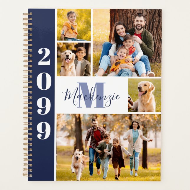 Modern 5 Photo Collage Monogram Name Navy Blue Planner (Front)