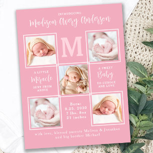 Modern 5 Photo Collage Newborn Baby Pink Birth Announcement Postcard