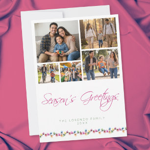 Modern 5 Photo Collage Seasons Greetings Lights Holiday Card