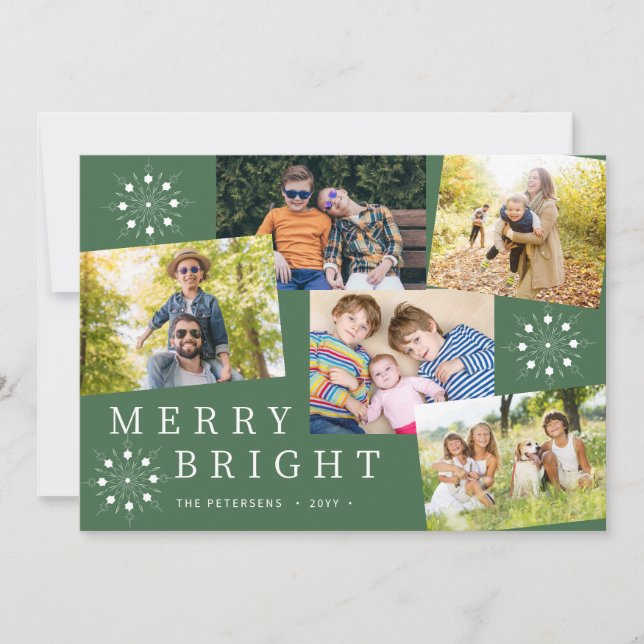 Modern 5 photo collage snowflakes green Christmas Holiday Card (Front)