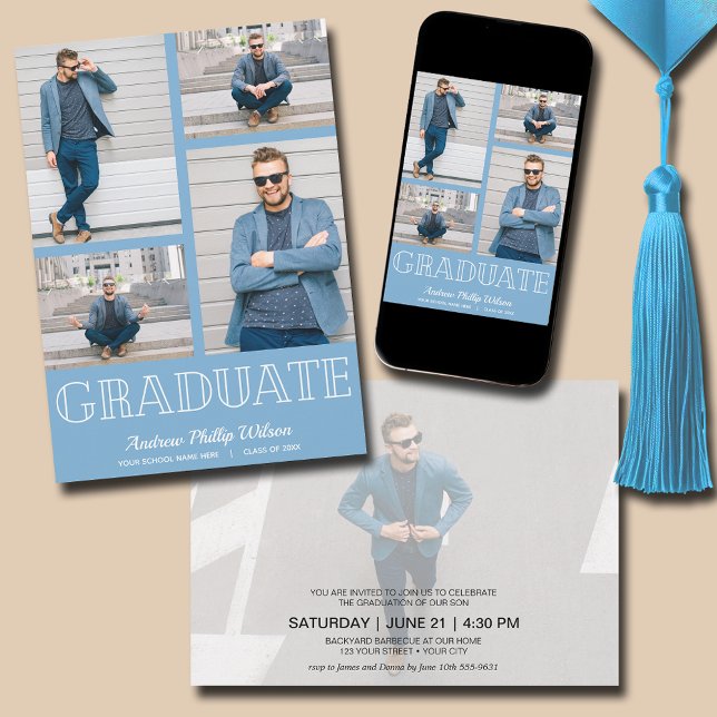 Modern 5 Photo Graduation Party Powder Blue Invitation (Powder blue modern 4 photo graduation party invitations - PRINTED and/or INSTANT DOWNLOAD)