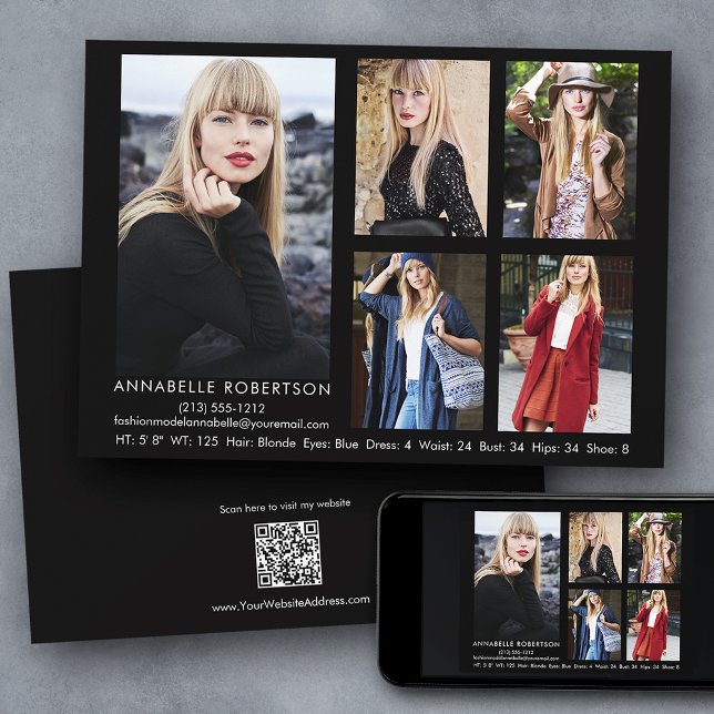 Modern 5 Photo Model Actor QR Code Back Comp Card (Customize to change background color, text size, style or to add more photos to back of card.)