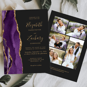 Modern 5-Photo Purple Gold Agate Dark Wedding Invitation