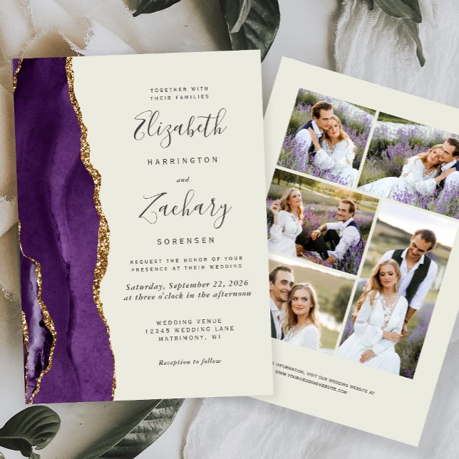 Modern 5-Photo Purple Gold Agate Ivory Wedding Invitation (Creator Uploaded)