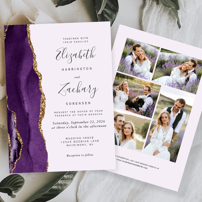 Modern 5-Photo Purple Gold Agate Lavender Wedding Invitation (Creator Uploaded)