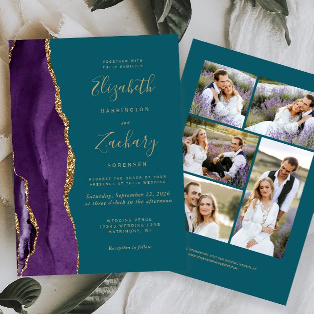 Modern 5-Photo Purple Gold Agate Teal Wedding Invitation (Creator Uploaded)