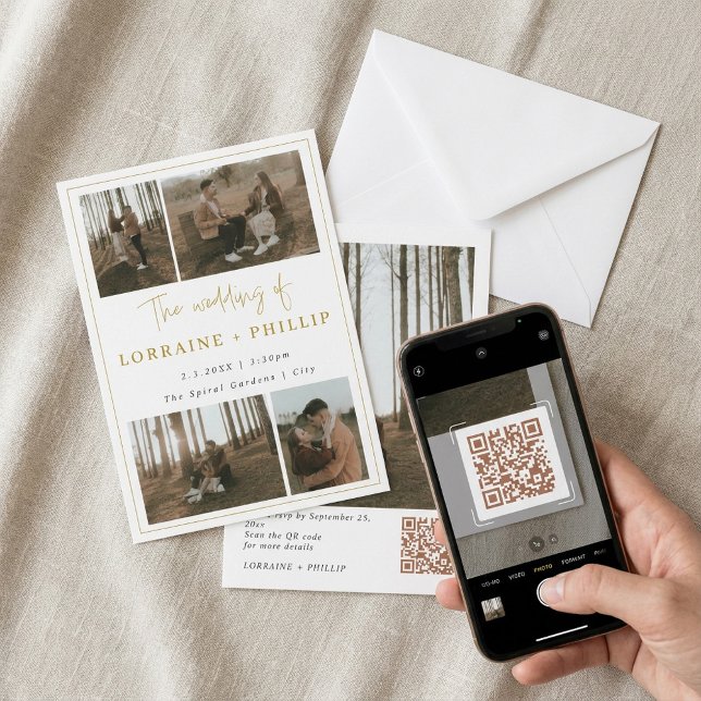Modern 5-Photo QR Code Wedding Invitation (Modern 5-Photo QR Code Wedding Invitation being scanned.)