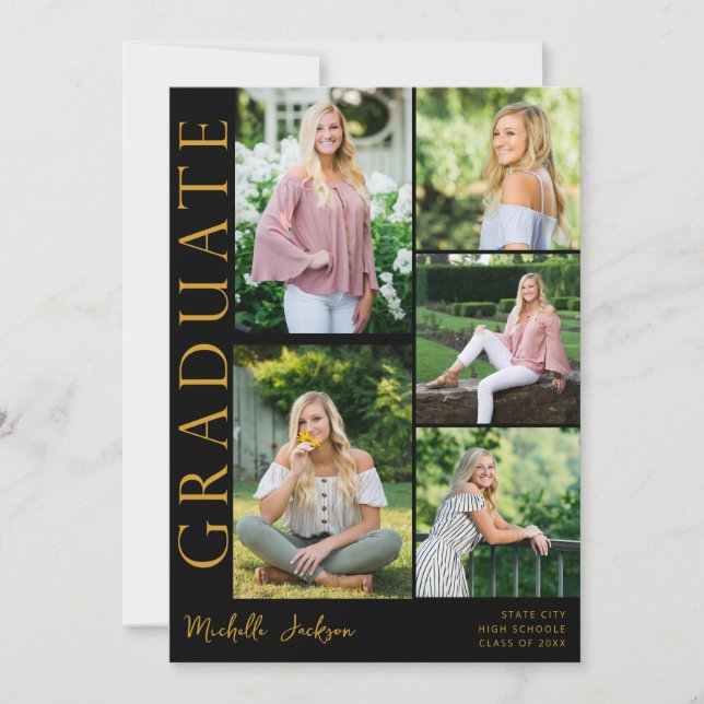 Modern 5 Photo Side Graduation - Black Invitation (Front)