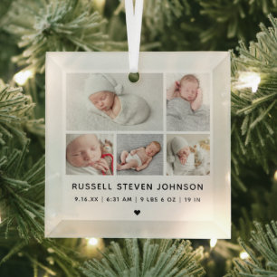 Modern 5 Photos Birth Announcement Glass Tree Decoration