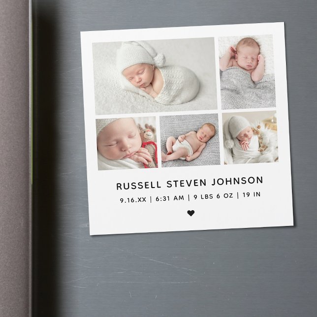Modern 5 Photos Birth Announcement Magnet Card (Creator Uploaded)