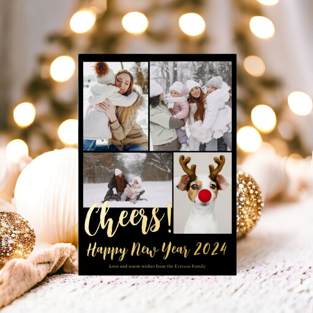 Modern 5 photos cheers Happy new year 2024 Foil Holiday Card (Modern 5 photos cheers Happy new year 2024 Foil Holiday Card)