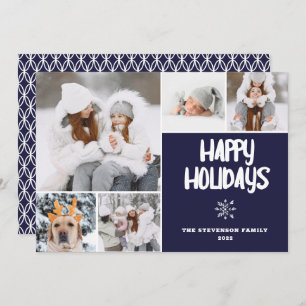 Modern 5 photos Christmas navy pattern snow happy Holiday Card