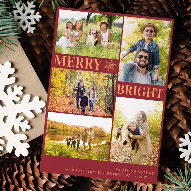 Modern 5 photos gold snowflake Christmas Holiday Card (Creator Uploaded)