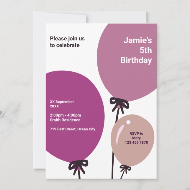Modern 5th Birthday Balloon Party Invitation Card (Front)