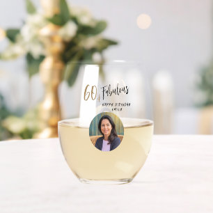 Modern 60 and Fabulous Photo 60th Birthday Stemless Wine Glass