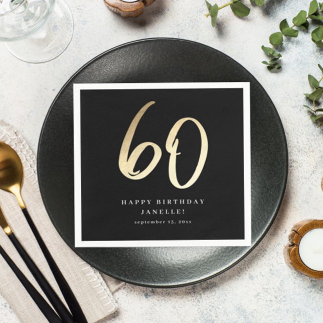 Modern 60th Birthday Black & Gold Script Napkin (Creator Uploaded)