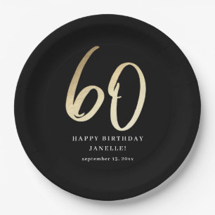 Modern 60th Birthday Black & Gold Script Paper Plate