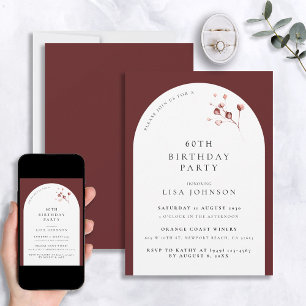 Modern 60th Birthday Burgundy Arch Botanical Invitation