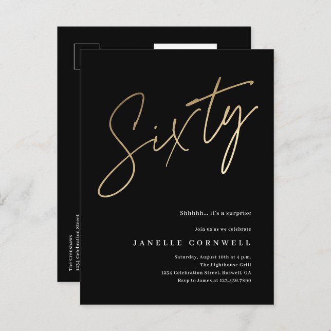 Modern 60th Birthday elegant black & gold script Invitation Postcard (Front/Back)