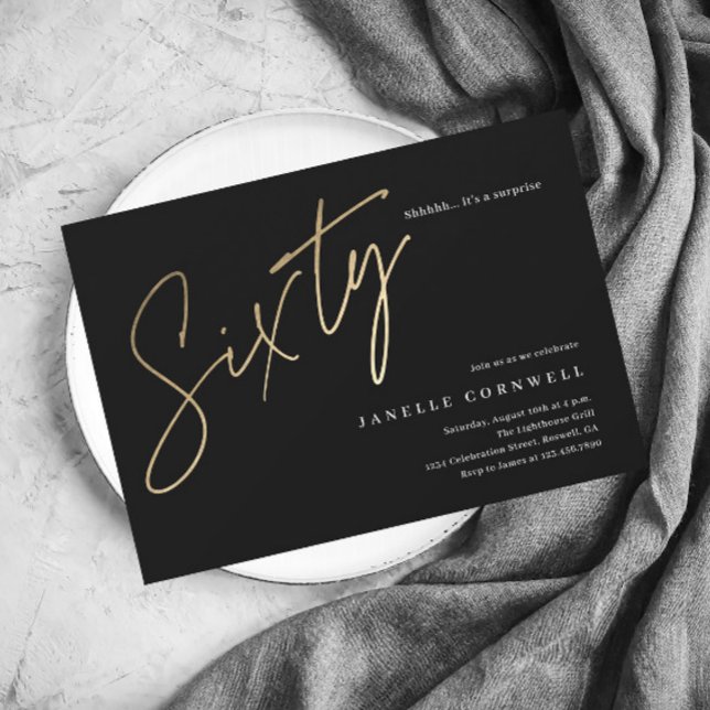 Modern 60th Birthday elegant black & gold script  Invitation Postcard (Creator Uploaded)