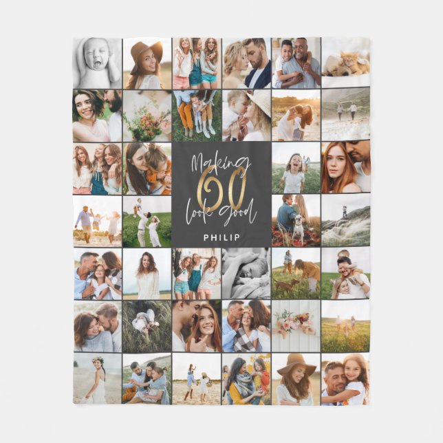 Modern 60th birthday multi photo script gift   fleece blanket (Front)