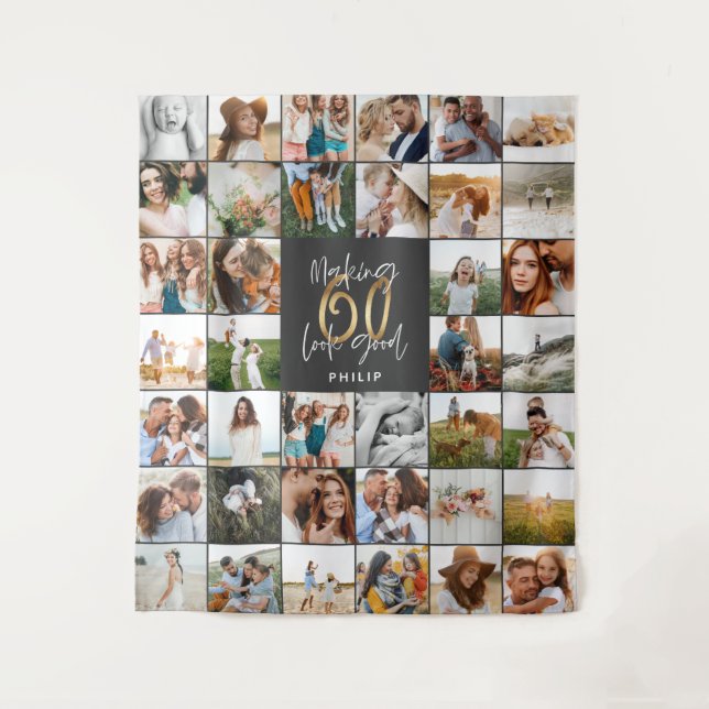 Modern 60th birthday multi photo script gift  tapestry (Front)