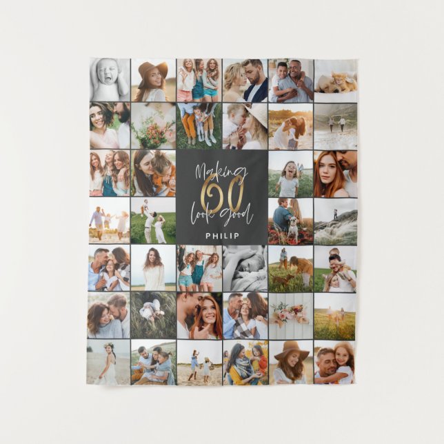Modern 60th birthday multi photo script gift  tapestry (Front)