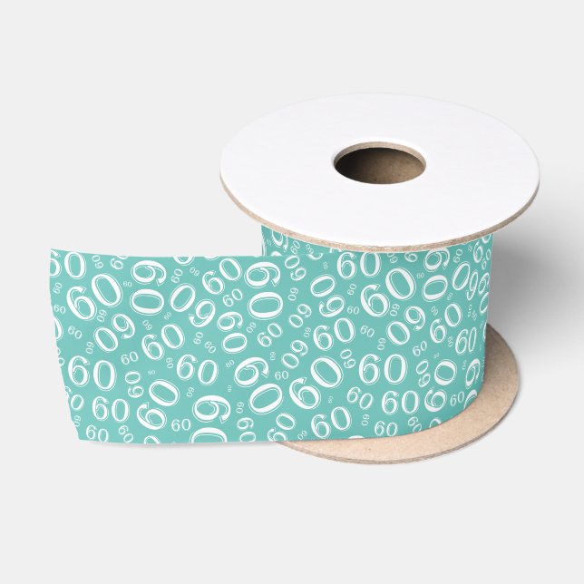 Modern 60th Birthday Number Pattern Teal/White Satin Ribbon (Spool)